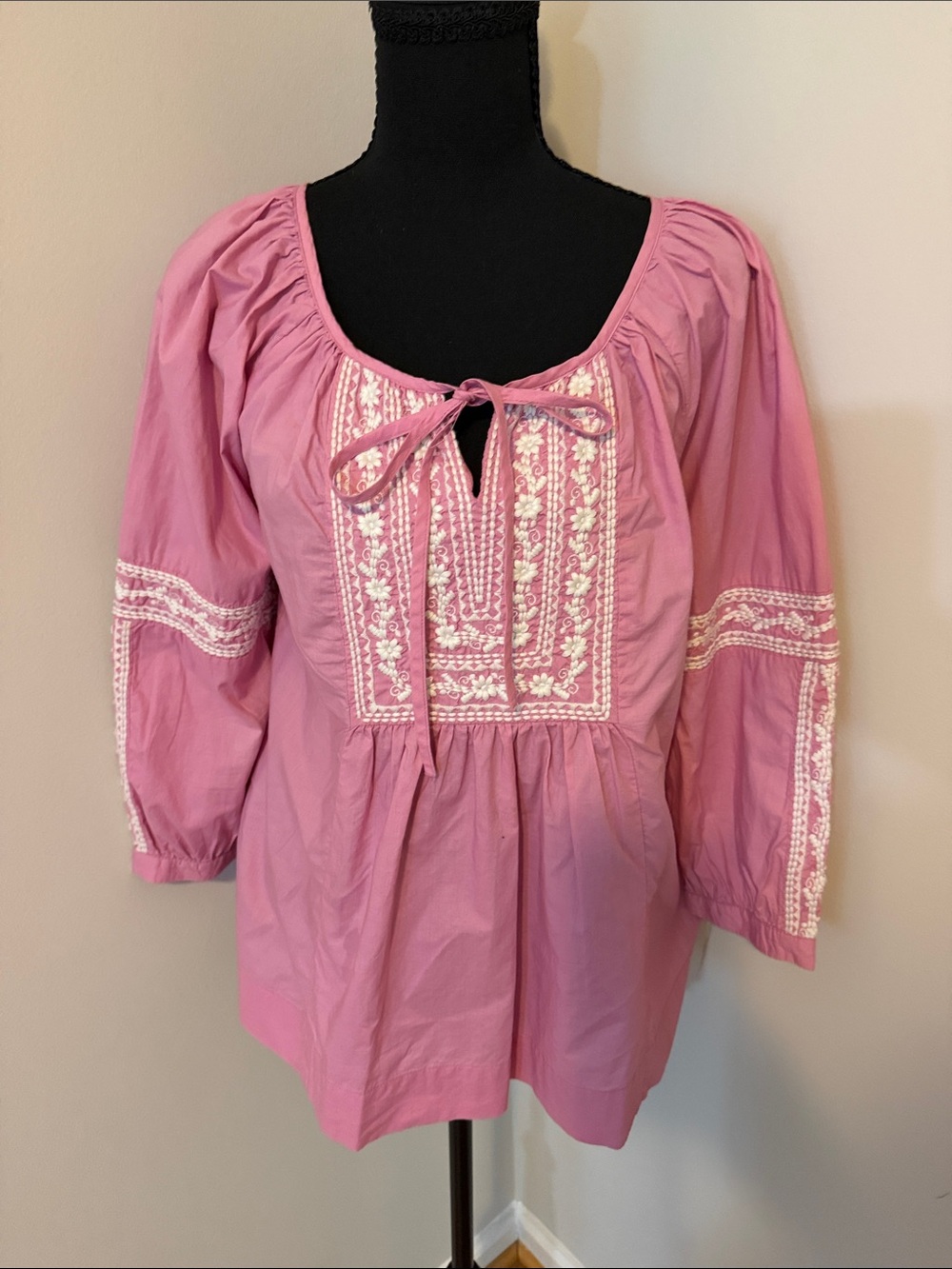 Charter Club Pink Embroidered Tie-Neck Tunic